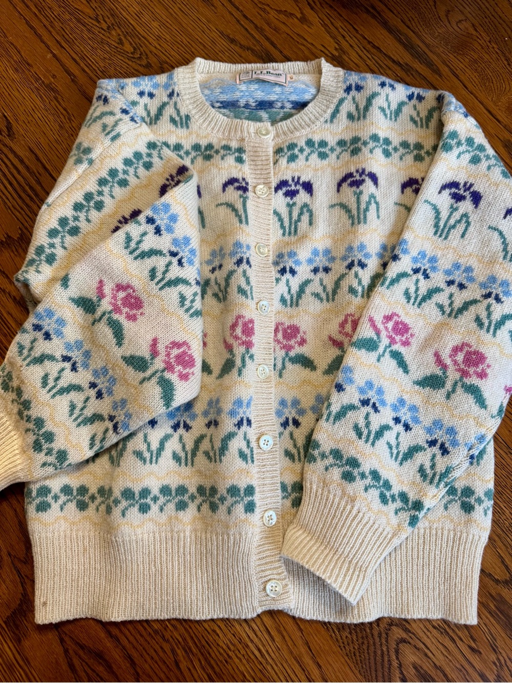 Vintage LL Bean Cream Floral Button-Up Sweater Cardigan